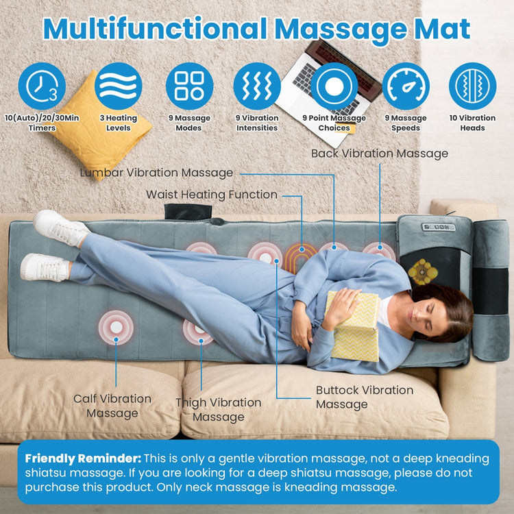 1Set Full Body Electric Massage Mat Heating Vibration Massage Pad Cushion Back Massage Mattress Chair Pad With Neck Foot Massage Head Pillow And Cloth Lumbar Pillow Timer Anti-Slip Bottom