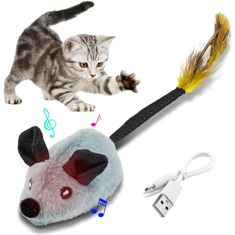 Interactive Cat Toys Mouse With LED Lights ForIndoor Cats USB Rechargeable Cat Mouse Toysfor Cats, Moving Automatic Chirping Squeakywith Feather Tail For All Breeds Cat Catnip Toys Forinteractive Toys Gray