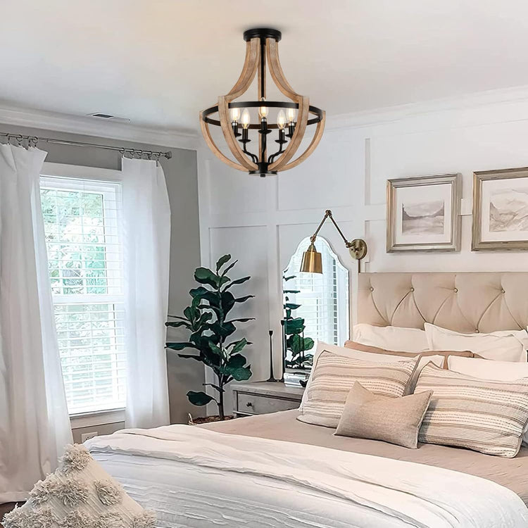 Solid Wood Modern Chandelier For Dining Room, Living Room, Kitchen, Island, Bedroom, Foyer, Height Adjustable, Brown Unavailable Platforms- Welfel