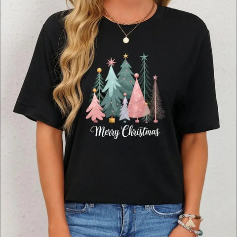 Women's Festive Christmas Trees Graphic Tee - Machine Washable, Black With Pink & Green Trees Design, Round Neck, Short Sleeves - Perfect For Everyday Holiday Wear
