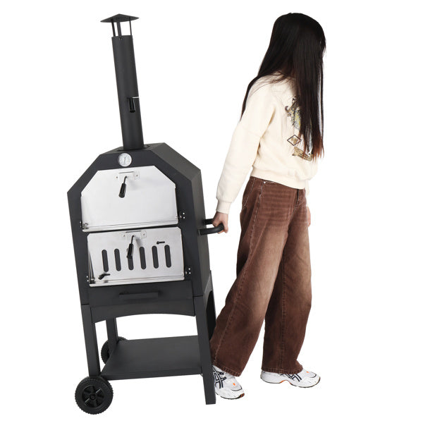 Freestanding Carbon Grill With Chimney, Wheels, Pizza Stone, And Pizza Shovel