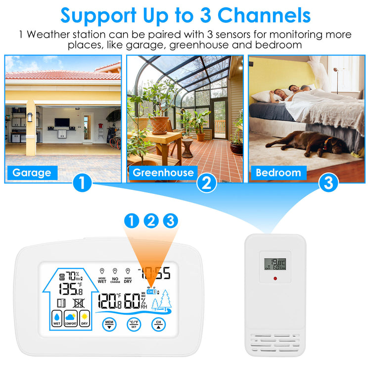 1Pc Wireless Weather Station With Clock 196FT Range Indoor Outdoor Thermometer Sensor Temperature And Humidity Monitor Humidity Forecast Battery Powered Backlight Display