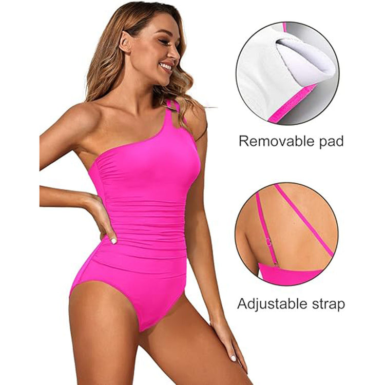 Women's Tummy Control One Piece Swimsuit, One Shoulder Full Coverage Bathing Suit