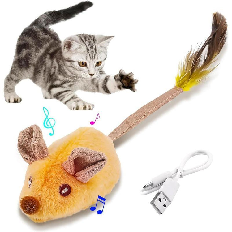 Interactive Cat Toys Mouse With LED Lights ForIndoor Cats USB Rechargeable Cat Mouse Toysfor Cats, Moving Automatic Chirping Squeakywith Feather Tail For All Breeds Cat Catnip Toys Forinteractive Toys Yellow
