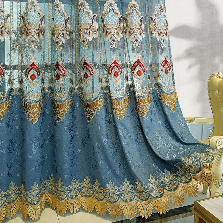 Modern Style Living Room European Hollow Embroidery Curtains Thickened Velvet Bedroom Light-proof French Windows 2-piece Set