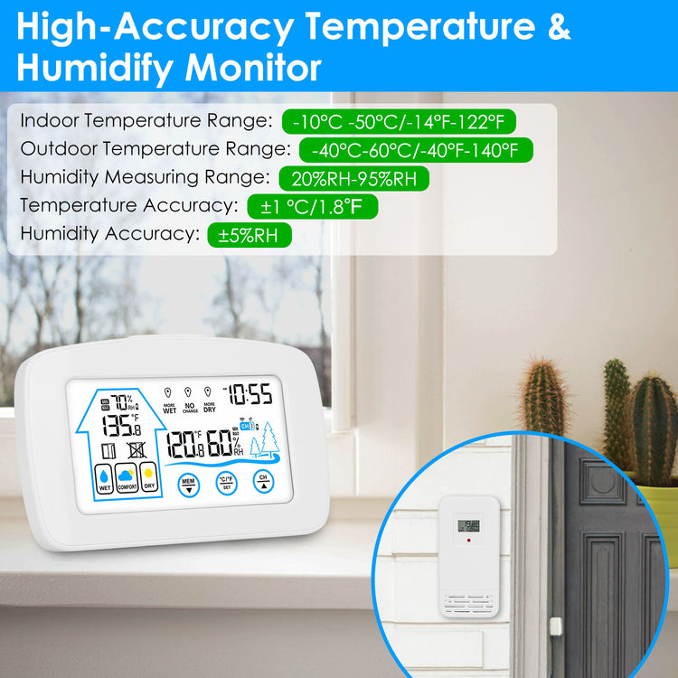 1Pc Wireless Weather Station With Clock 196FT Range Indoor Outdoor Thermometer Sensor Temperature And Humidity Monitor Humidity Forecast Battery Powered Backlight Display