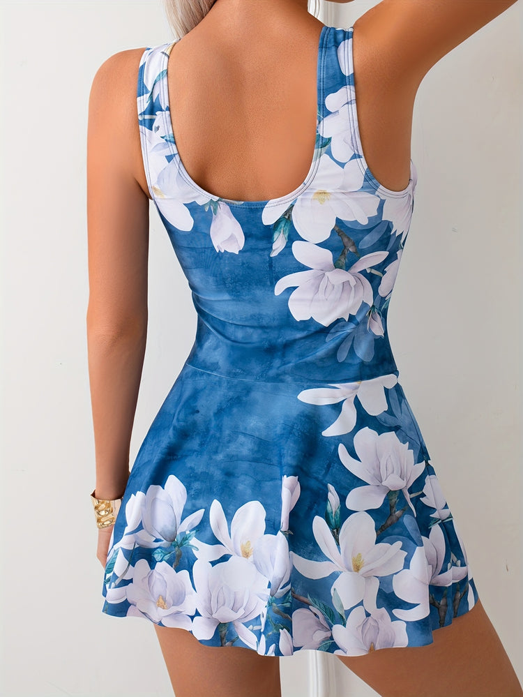 Women's Fashion One-piece Swimsuit, One-piece With Many Prints, Vest Skirt Asymmetrical, Vacation Style Swimsuit