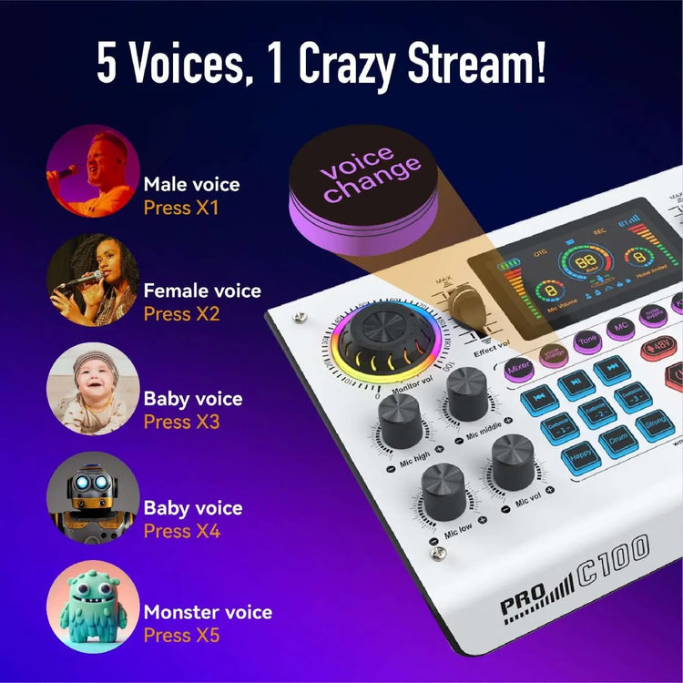 C100PRO Lightweight And Portable Digital Sound Card, Real-time Voice Changer, Intelligent Noise Reduction, And Instrument Reverberation