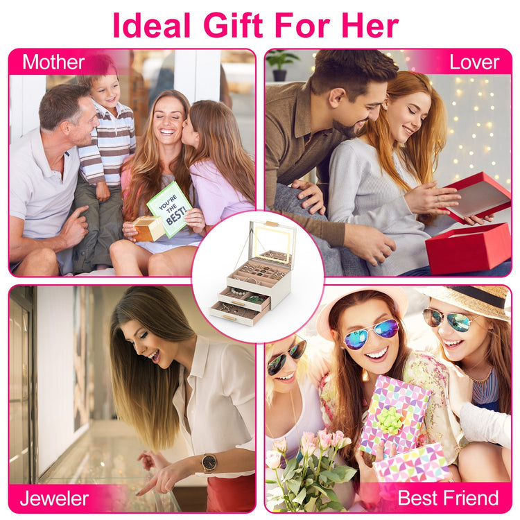 1 Set Jewelry Box With LED Mirror 3 Layer Jewelry Organizer With 2 Drawers PU Jewelry Holder With 3 Mirror Light Colors Dimmable For Earrings Rings Bracelets Necklaces