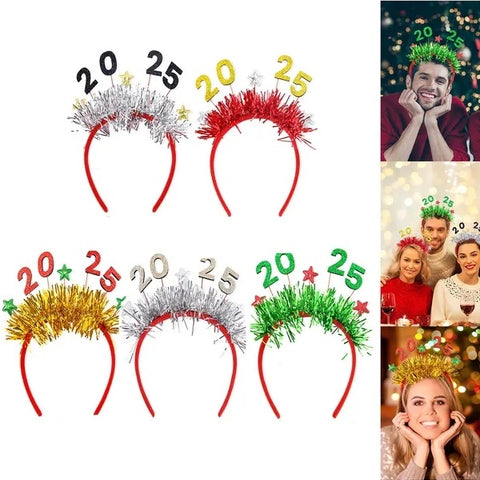 5PCS 2025 New Year Headband New Year's Eve Hat Star Hairbands Christmas Plastic Hair Bands With Sequins For New Year Eve Headpiece Birthday Carnival Party Props Decoration