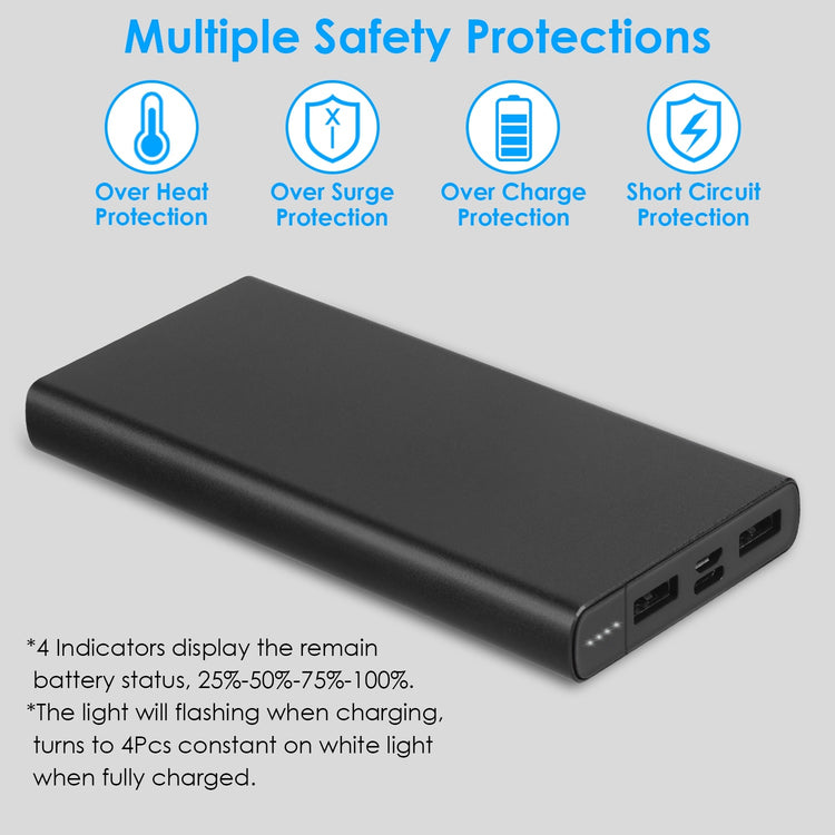 1Pc 20000mAh Power Bank Portable External Battery Pack Phone Charger With Dual USB Output Type C Micro USB Input