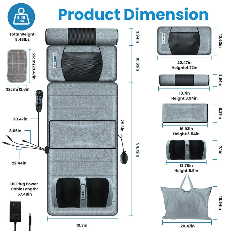 1Set Full Body Electric Massage Mat Heating Vibration Massage Pad Cushion Back Massage Mattress Chair Pad With Neck Foot Massage Head Pillow And Cloth Lumbar Pillow Timer Anti-Slip Bottom