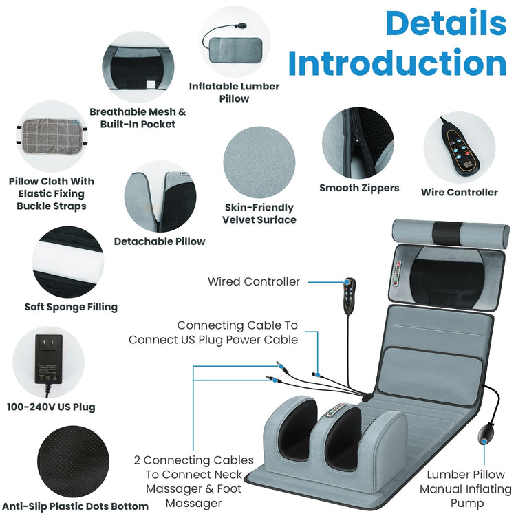 1Set Full Body Electric Massage Mat Heating Vibration Massage Pad Cushion Back Massage Mattress Chair Pad With Neck Foot Massage Head Pillow And Cloth Lumbar Pillow Timer Anti-Slip Bottom