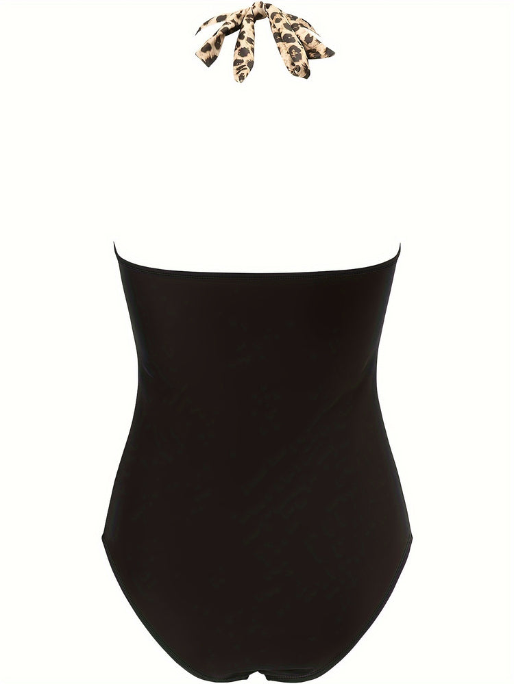 European And American Women's Leopard Print One-piece Swimsuit, Crossed In The Chest