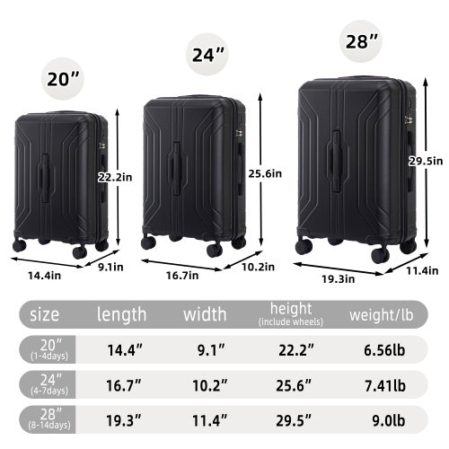 20 24 28 3 Pcs Set In ABS Spinner Wheel Luggage, Carry On Suitcase, Matching Color, TSA Combination Lock