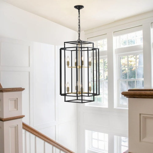 8 Lights Black & Gold Lantern Tiered Chandelier, Industrial Farmhouse Chandelier - No Bulbs Unavailable Platform- Temu