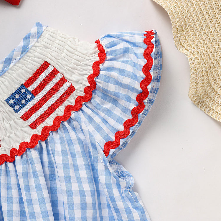 Baby Girls Independence Day Outfit 4th Of July American Flag Embroidery Smocked Bubble Romper With Headband