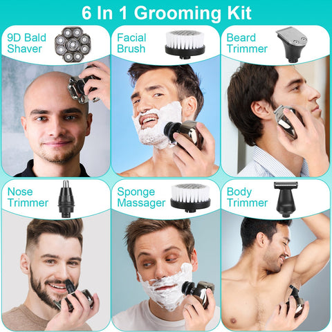 1Pc 6 In 1 9D Electric Head Shaver For Men Cordless Rechargeable Wet Dry Razor With LED Display Travel Lock Stall Protection Cleaning Reminder