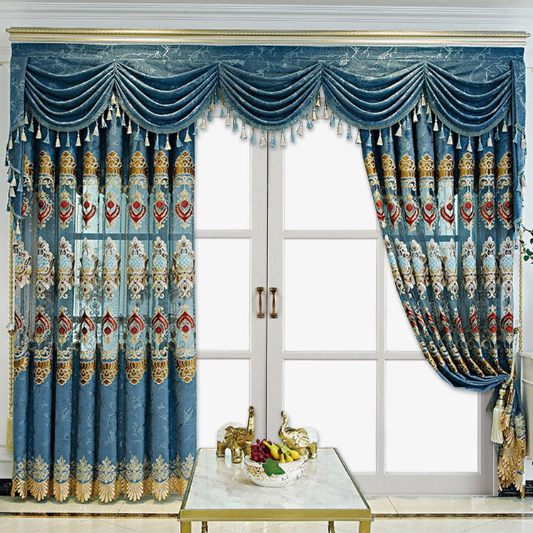 Modern Style Living Room European Hollow Embroidery Curtains Thickened Velvet Bedroom Light-proof French Windows 2-piece Set