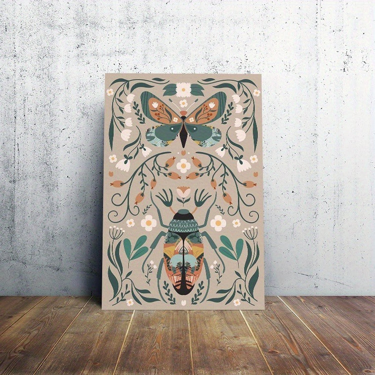 1pcs Modern Classic Wood Frame Canvas Wall Decor With Plant Flower & Butterfly Print, Girls Bedroom Wrap Canvas Painting, Animal Nature Digital Art, Realism Mid-Century Bohemian Collegiate Room Decor