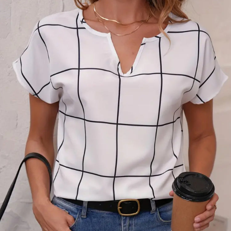 Plaid Print Notched Neck Blouse, Casual Short Sleeve Blouse For Spring & Summer, Women's Clothing