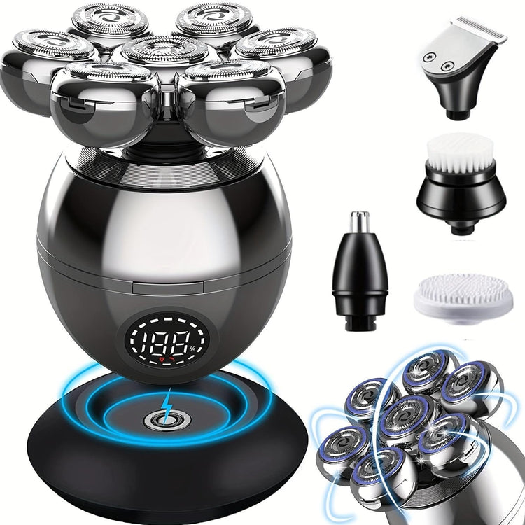 Detachable Head Shavers, LARGNER 5 In 1 Electric Razor IPX7 Waterproof For Bald Men, Wet Dry LED Display Rechargeable 7D Rotary Shaver Grooming Kit With Type C Charge A,Bright Silver