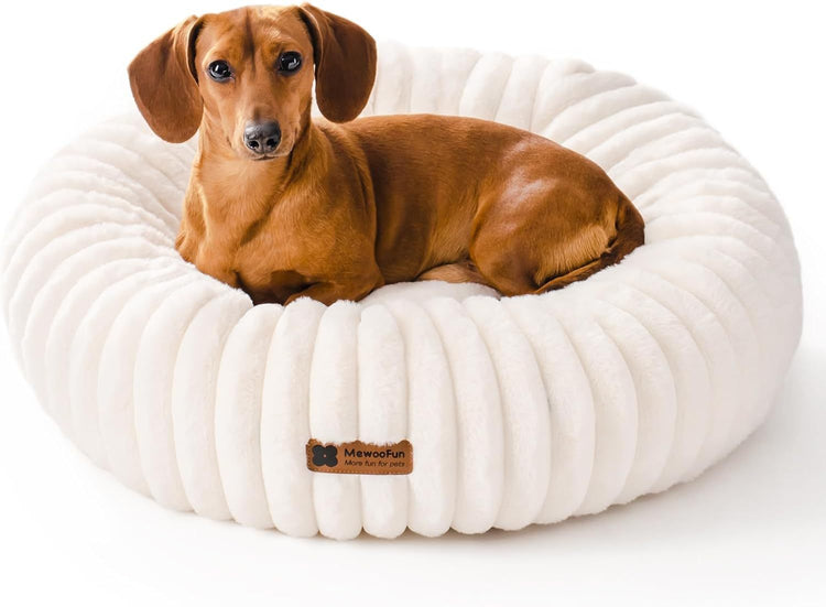 MEWOOFUN Donut Dog Bed For Small Dogs - Calming Round Fluffy Pet Bed With Non-Slip Bottom, Washable Puppy & Kitten Bed 25x25x7 Inch, Cream