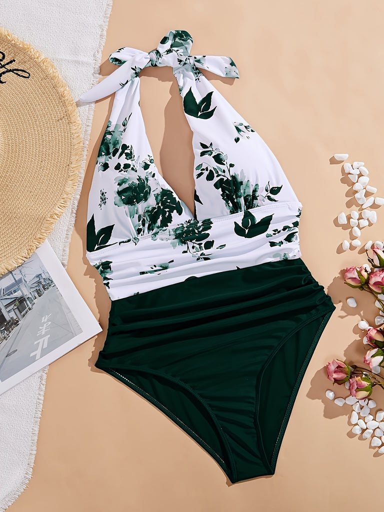 Women's Sexy Three-dimensional Deep V One-piece Swimsuit Flower Print Neck Tie One-piece Vacation Wind Swimsuit