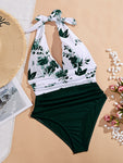 Women's Sexy Three-dimensional Deep V One-piece Swimsuit Flower Print Neck Tie One-piece Vacation Wind Swimsuit