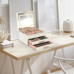 1 Set Jewelry Box With LED Mirror 3 Layer Jewelry Organizer With 2 Drawers PU Jewelry Holder With 3 Mirror Light Colors Dimmable For Earrings Rings Bracelets Necklaces