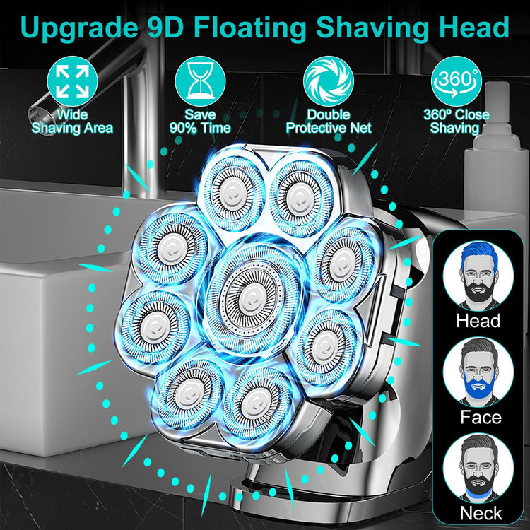 1Pc 6 In 1 9D Electric Head Shaver For Men Cordless Rechargeable Wet Dry Razor With LED Display Travel Lock Stall Protection Cleaning Reminder