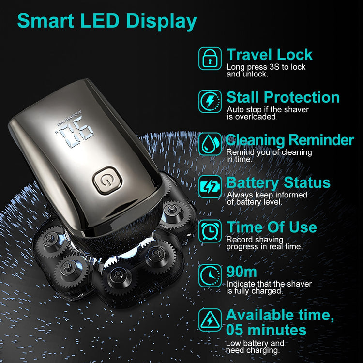 1Pc 6 In 1 9D Electric Head Shaver For Men Cordless Rechargeable Wet Dry Razor With LED Display Travel Lock Stall Protection Cleaning Reminder