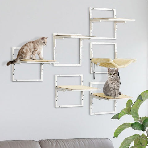 PawHut 6-pc Modern Cat Wall Shelves For Indoor Cats, Height Adjustable Jumping Platforms