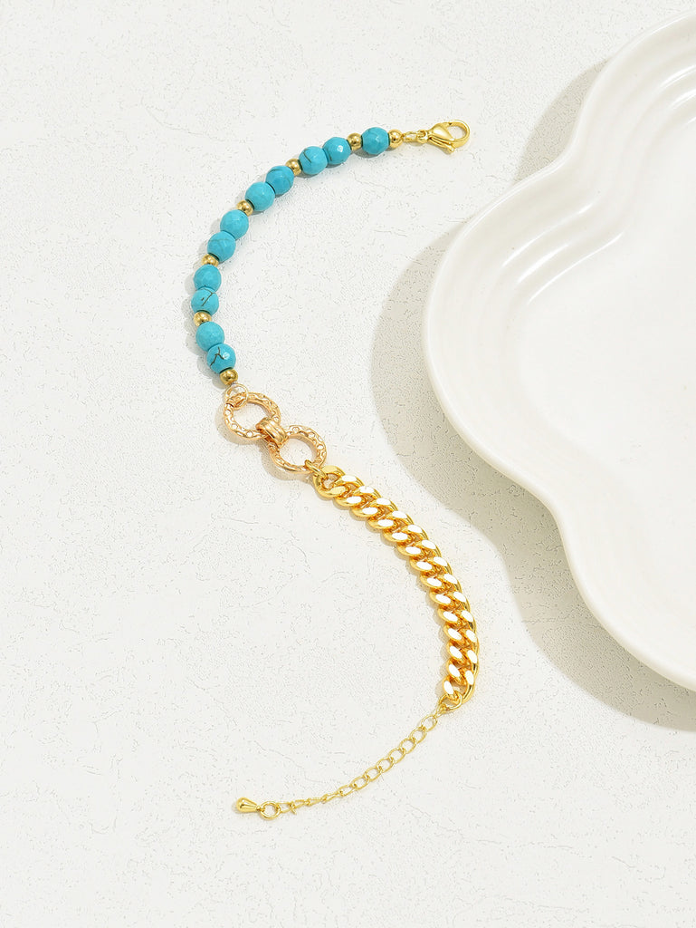 A Creative And Luxurious Instagram Style Double Ring Turquoise Multi Chain Mixed Bead Bracelet For Women's Vacation And Date Gifts