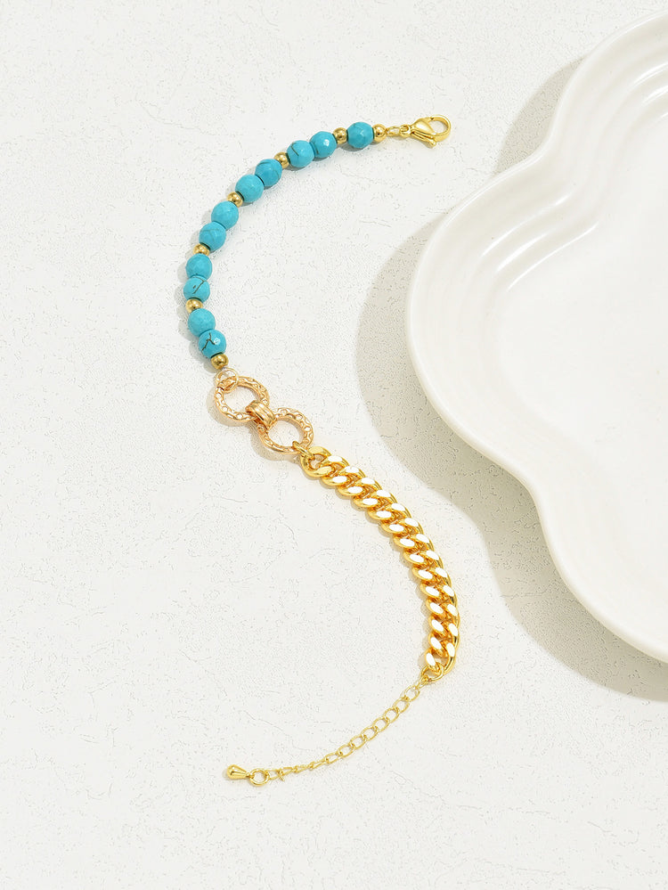 A Creative And Luxurious Instagram Style Double Ring Turquoise Multi Chain Mixed Bead Bracelet For Women's Vacation And Date Gifts