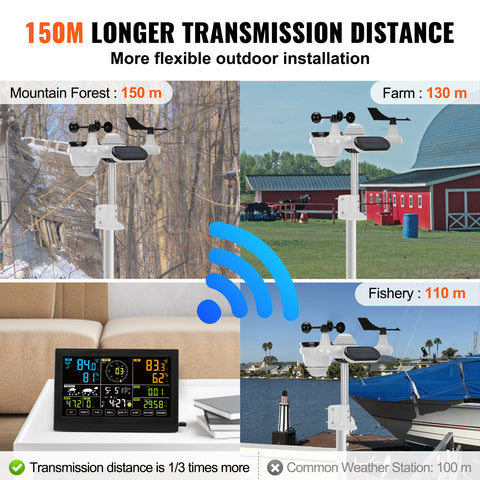 VEVOR 7-in-1 Wireless Weather Station, 7.5 In Large Color Display, Digital Home Weather Station Indoor Outdoor, For Temperature Humidity Wind Speed,Direction Rain UV, With Forecast Data, Alarm, Alerts