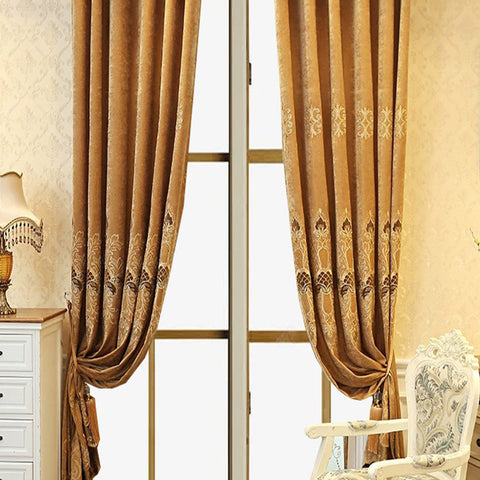 2 Pieces Elegant European Blackout Curtains - Simple Beige Velvet Decor Embroidery, UV Protection, Machine Washable Living Room And Bedroom, Light Control