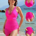 Women's One-Piece Swim Dress, Tummy Control Swimsuit With Mesh Sheer Sarong Wrap
