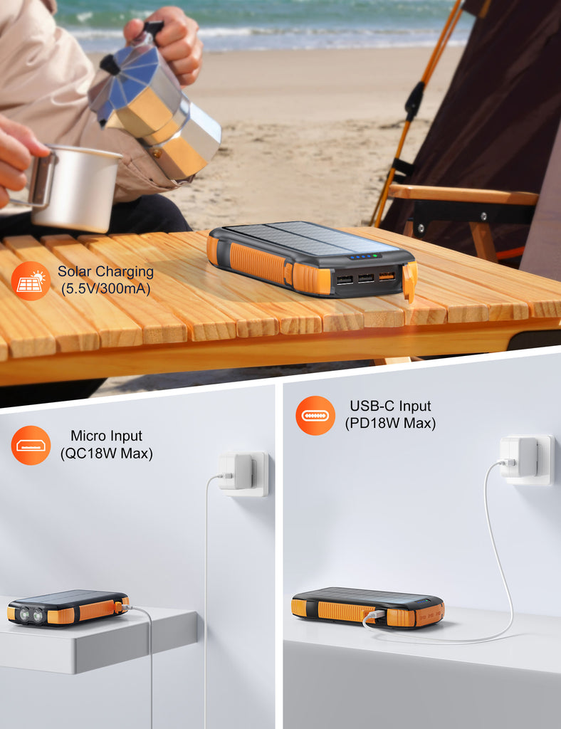 New Product Large Capacity 20000mAh 3 USB C Flashlight Ip67 Waterproof High-speed Wireless Charger Solar Power Bank
