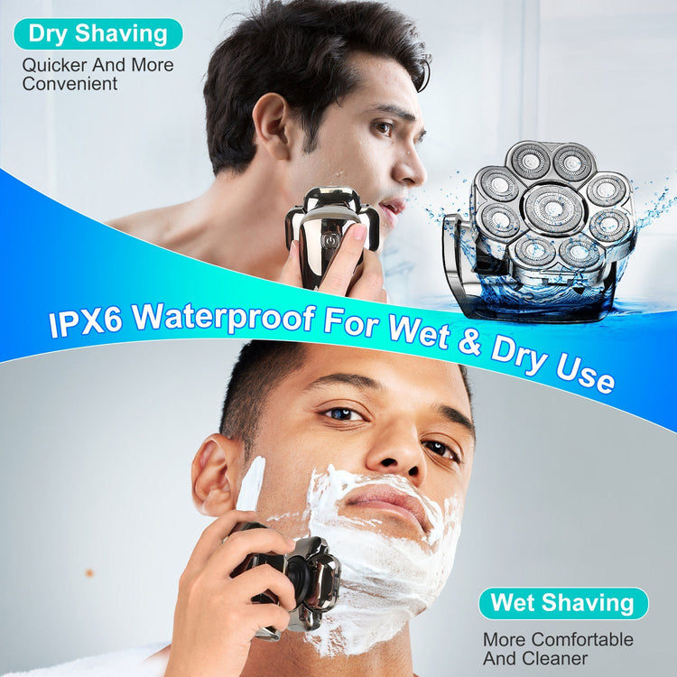 1Pc 6 In 1 9D Electric Head Shaver For Men Cordless Rechargeable Wet Dry Razor With LED Display Travel Lock Stall Protection Cleaning Reminder
