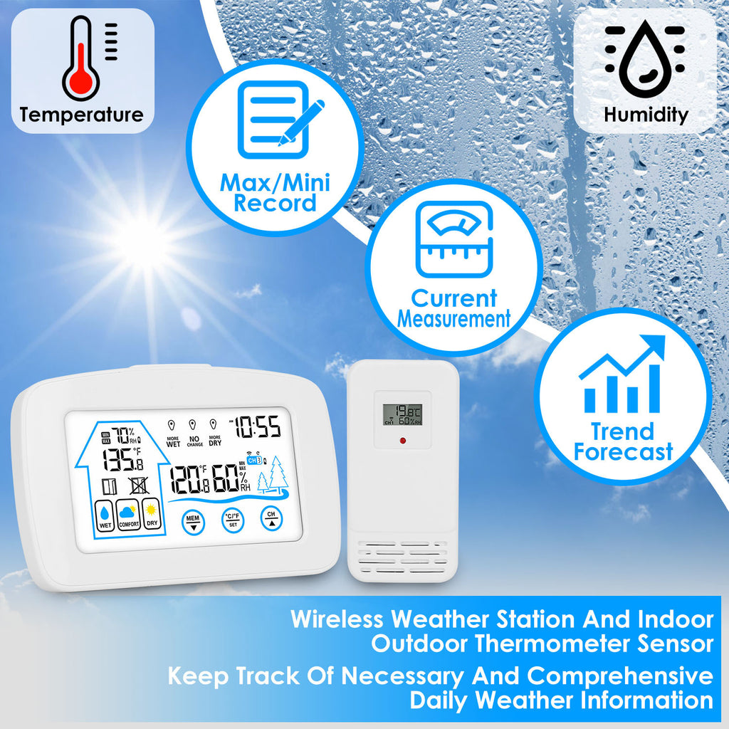 1Pc Wireless Weather Station With Clock 196FT Range Indoor Outdoor Thermometer Sensor Temperature And Humidity Monitor Humidity Forecast Battery Powered Backlight Display