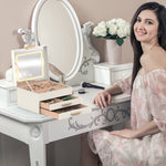 1 Set Jewelry Box With LED Mirror 3 Layer Jewelry Organizer With 2 Drawers PU Jewelry Holder With 3 Mirror Light Colors Dimmable For Earrings Rings Bracelets Necklaces