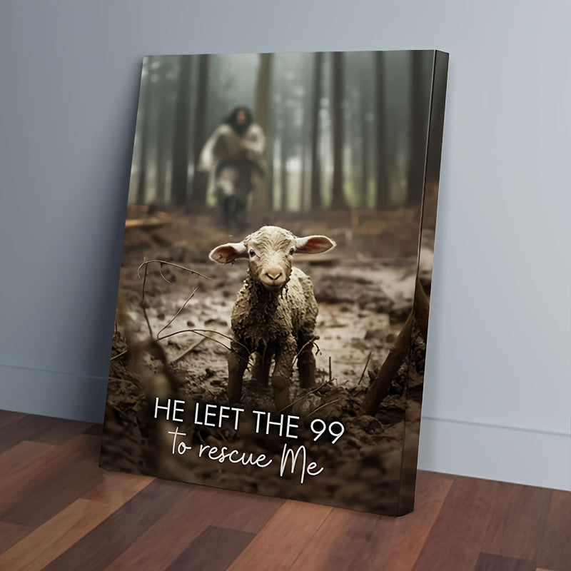 1 Piece Canvas Painting With Wood Frame, Ready To Hang, He Left 99 Sheep To Save Me, Man And Lost Sheep, Christian Wall Art, Framed Mural Print, Suitable For Living Room And Bedroom, Home Decor
