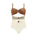 Women's Cut Out Colorblock One Piece Swimsuit Ruched Swimwear Bathing Suit With Removable Straps