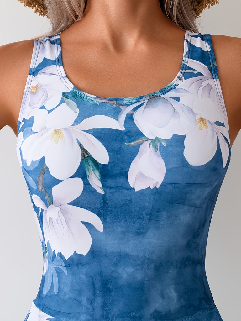 Women's Fashion One-piece Swimsuit, One-piece With Many Prints, Vest Skirt Asymmetrical, Vacation Style Swimsuit
