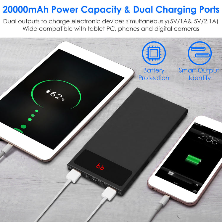 1Pc 20000mAh Power Bank Ultra-thin Phone Charger Dual USB Port Flashlight Battery Remain Display