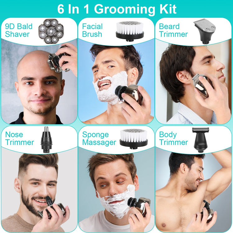 1Pc 6 In 1 9D Electric Head Shaver For Men Cordless Rechargeable Wet Dry Razor With LED Display Travel Lock Stall Protection Cleaning Reminder