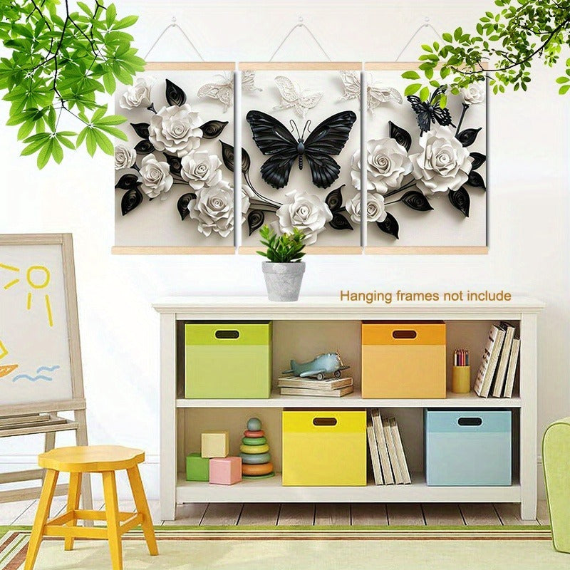 3 Pieces Set Of Framed Wall Art Canvas Prints Featuring A Black Butterfly And White Roses - Perfect For Home, Office, Living Room, Or Bedroom--Selling On Temu Is Prohibited