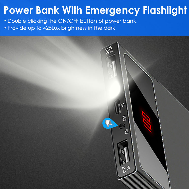 1Pc 20000mAh Power Bank Ultra-thin Phone Charger Dual USB Port Flashlight Battery Remain Display