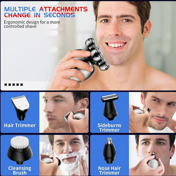 Detachable Head Shavers, LARGNER 5 In 1 Electric Razor IPX7 Waterproof For Bald Men, Wet Dry LED Display Rechargeable 7D Rotary Shaver Grooming Kit With Type C Charge A,Bright Silver